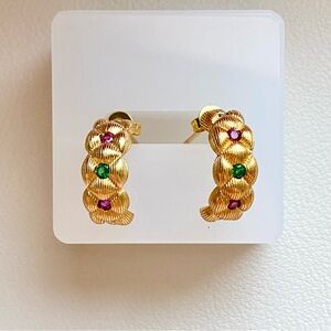 Gold-Tone Braided Hoop Earrings with Green and Pink Stones
